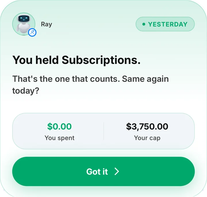 Plan card: You held Subscriptions. $0.00 spent of a $3,750 cap. Got it.