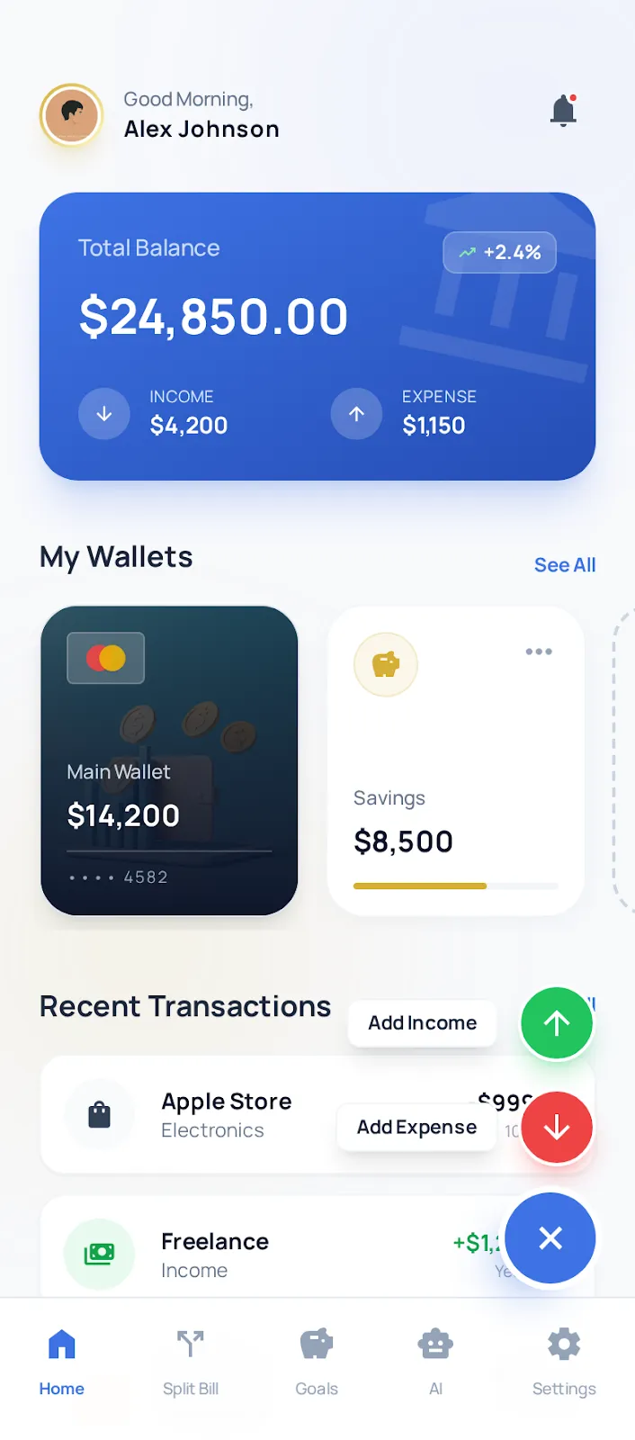 Finovaa main dashboard - comprehensive money management overview