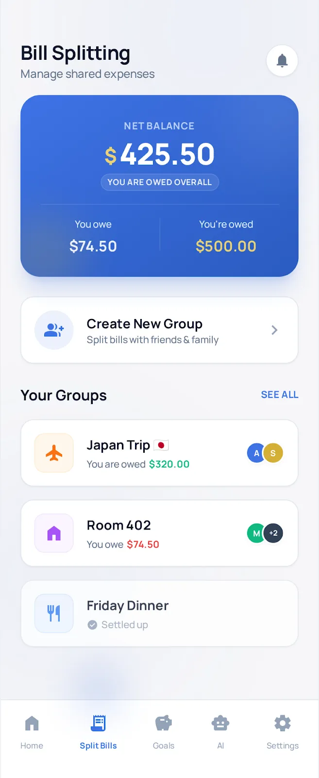 Finovaa split bills feature interface - effortless expense sharing
