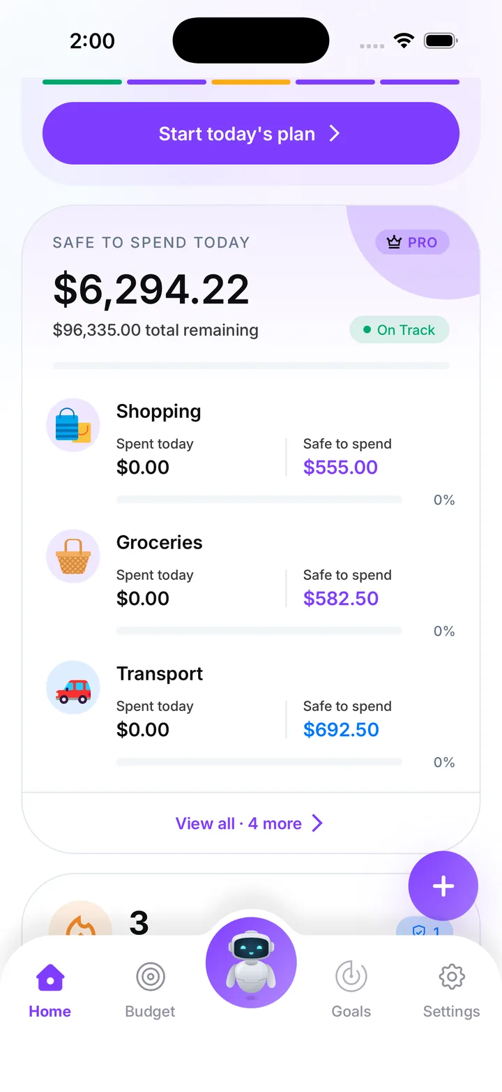 Safe to spend today: $6,294.22 with each budget's safe amount